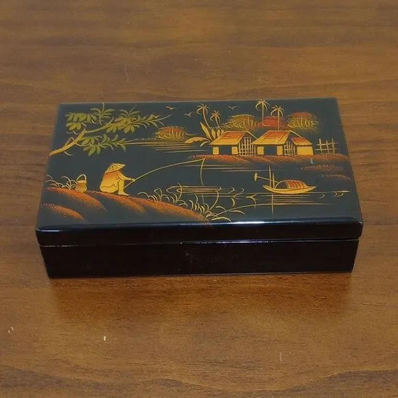 Asian Black Lacquer Jewelry Box, Vintage!