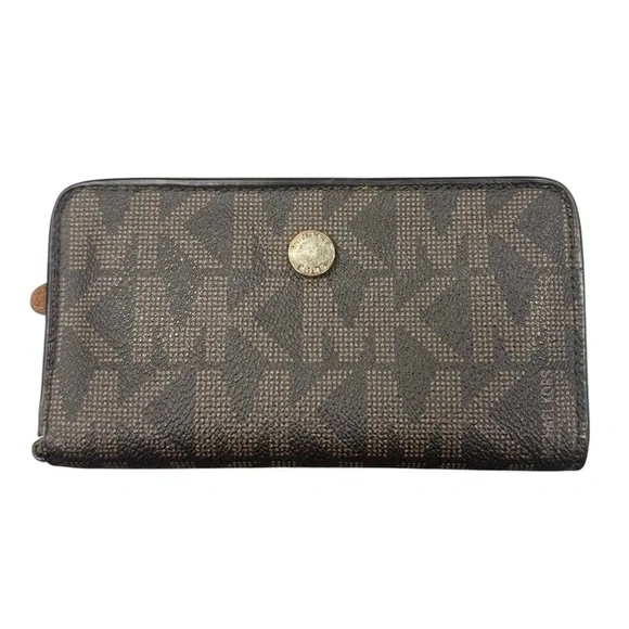 Michael Kors Brown and Tan Logo Wallet with Gold Accents