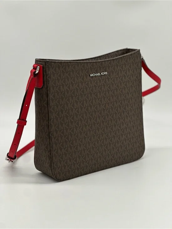 Michael Kors Brown Monogram Crossbody with Red Strap
