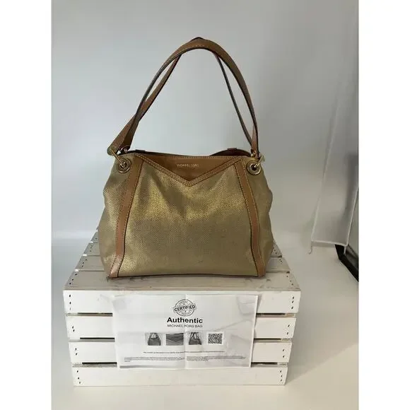 MICHAEL KORS, GOLD CANVAS, BROWN LEATHER TIM SHOULDER BAG