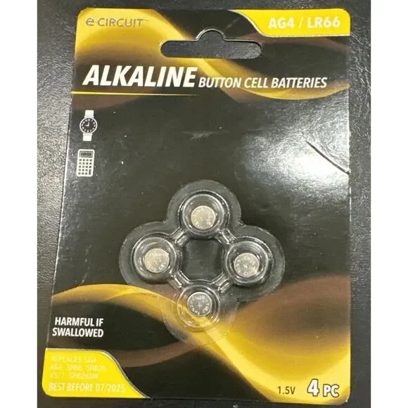 E-Circuit AG4/LR66 Alkaline Button Cell Batteries (4) Pack Best Before 07/2025