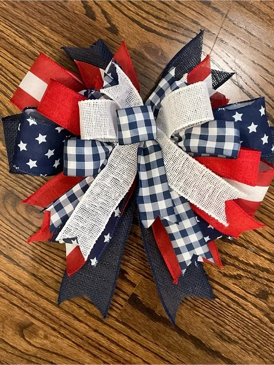 Patriotic Red, White & Blue Layered Ribbon Bow - Home Holiday Wreath Accent