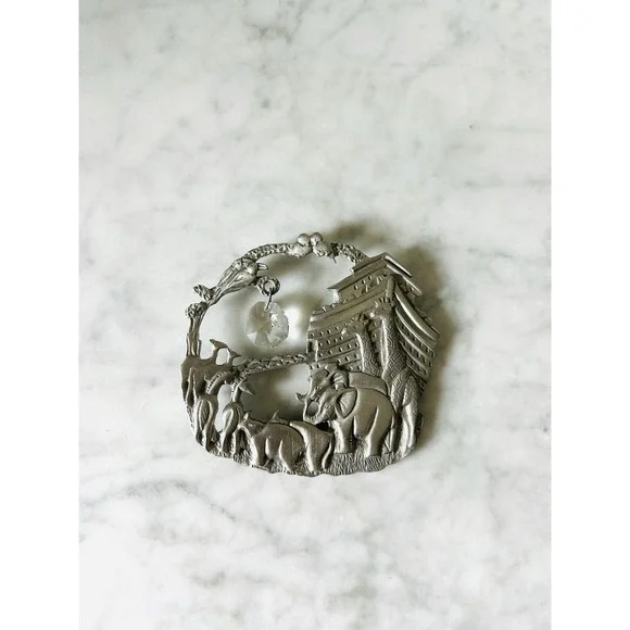 Vintage Pewter Noah's Ark Suncatcher Ornament 3D Animals Giraffes Elephants