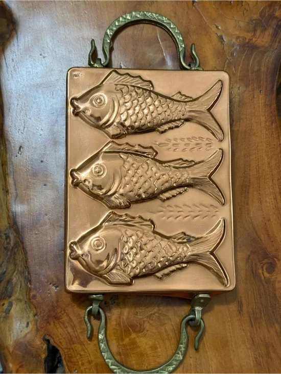 Vintage Copper Plated Fish Mold. Koi Fish. Brass and Iron Handles. Kitchen decor