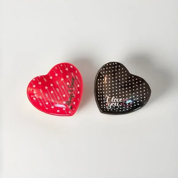 Red & Black Heart Shaped Glazed Ceramic Trinket Jewelry Tray Dish Lot Of 2