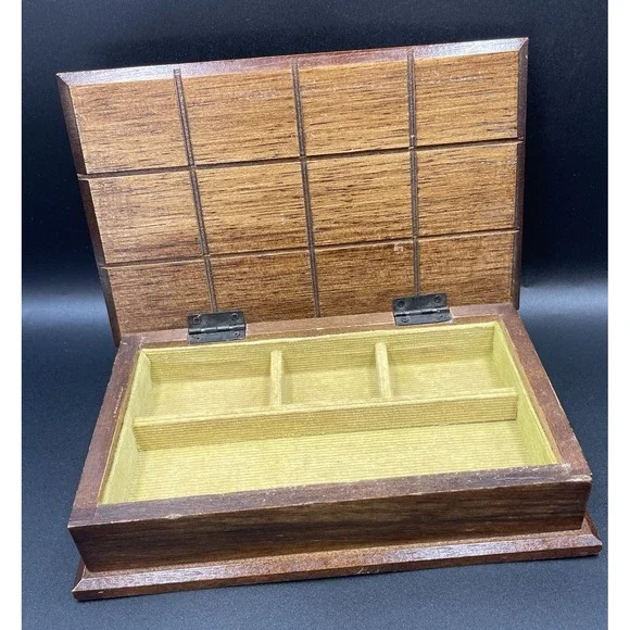 Vintage Carved Wooden Jewelry Box with Green Corduroy Lining Hinged Lid - MCM