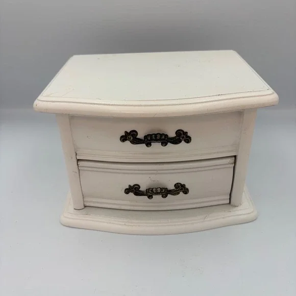 Vintage White Wooden Ballerina Musical Jewelry Box Wind Up Dresser Style