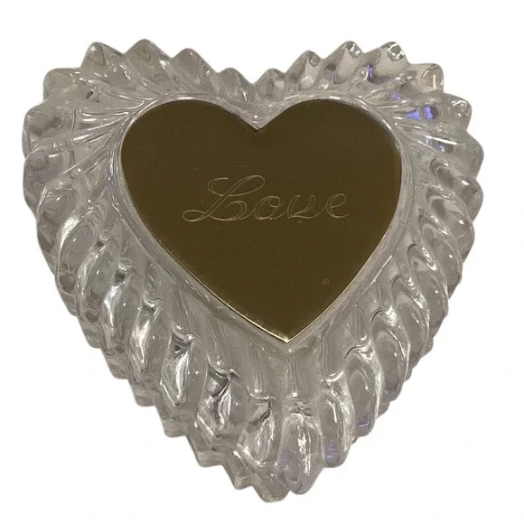 Crystal Heart Trinket Box Love Engraved Gold Tone Lid