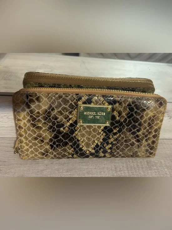 Michael Kors Brown Tan Snake-Print Wallet with Gold Plate