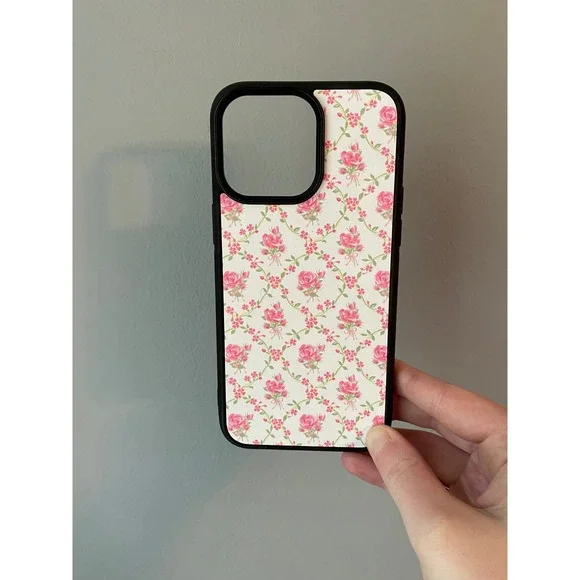 iPhone 15 Pro Max Case Womens Pink Cream Floral Rose Trellis Bumper