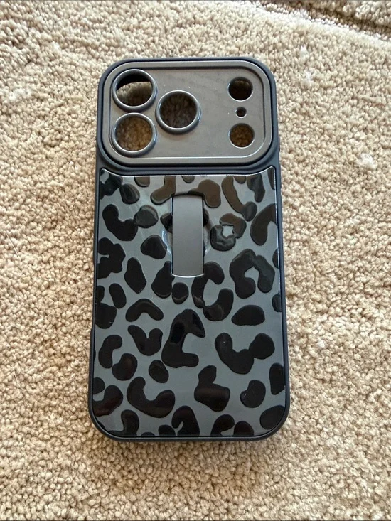 iPhone 17 Black Leopard Print Phone Case with Built-In Kickstand