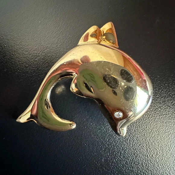 Vintage Figural Dolphin With Rhinestone Eyes Brooch
