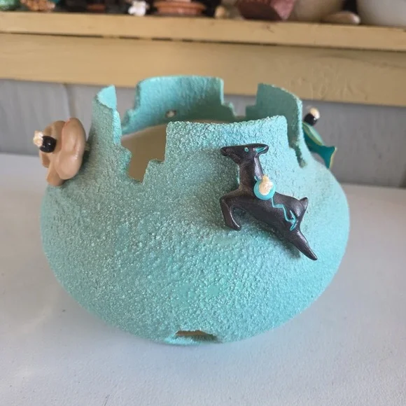 Textured Native American Fetish Teal Bowl Planter Bear Rabbit Fish Deer Beads
