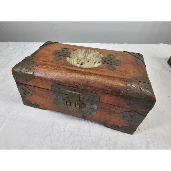 Vintage Wood Brass‎ Jade Jewelry Box Carved Jade Inlay Shanghai green Silk