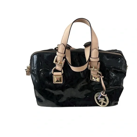Michael Kors Grayson Black Patent Monogram Satchel Bag