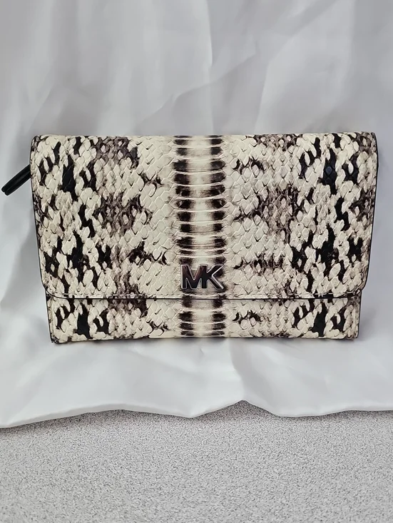 Michael Kors Snakeskin-Print Foldover Clutch - Black & Cream