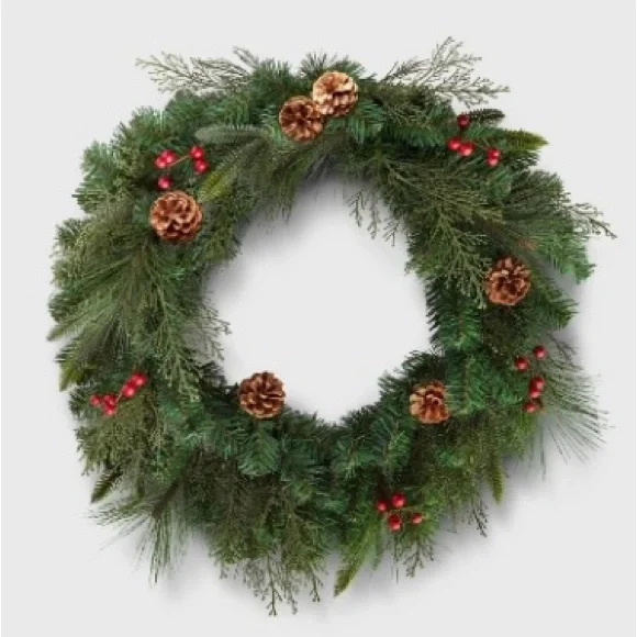 Wondershop Unlit Mixed Greenery with Red Berry and Pinecones Artificial Wreath