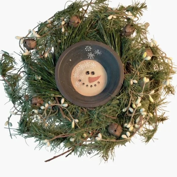 Snowman Wreath Rustic Jingle Bell Green Pine White Berry Handcrafted Centerpiece