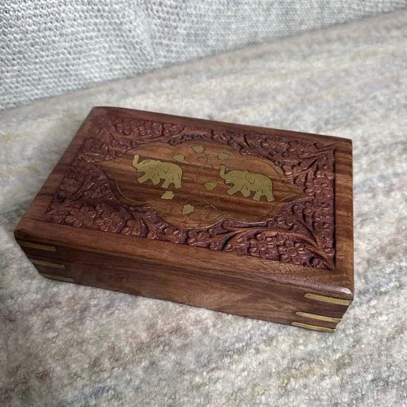 Hand Engraved Inlaid Brass Wooden Box Keepsake Jewelry Organizer &Storage