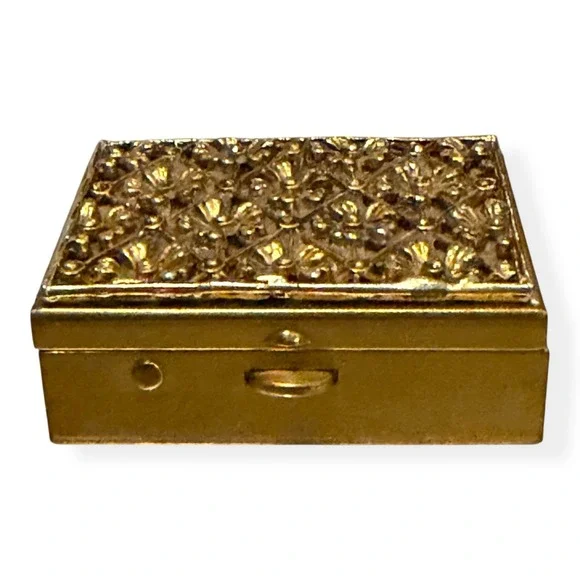 Vintage Gold-Tone Metal Pillbox With Floral Embossed Lid &‎ Blue Velvet Interior