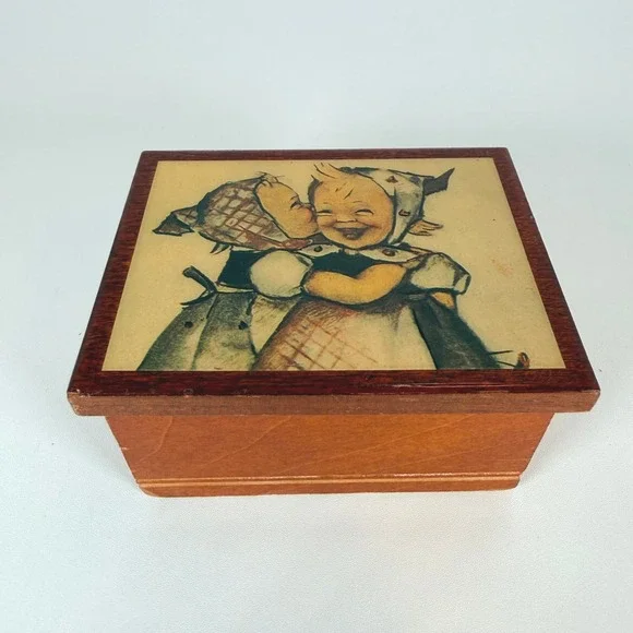 Vintage Wooden Music Box‎ with Hummel Illustration Hinged Lid little girls