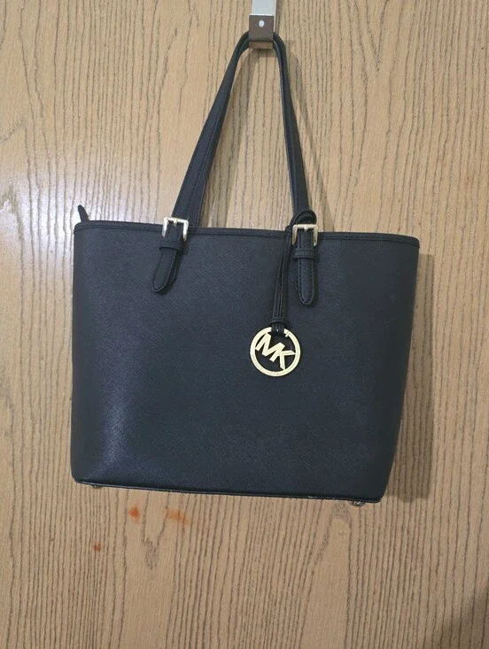 Michael Kors Black Saffiano Tote with Gold MK Charm