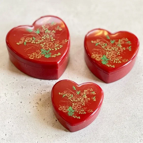 Set of 3 Vintage Red Floral Nesting Heart Shaped Plastic Trinket Boxes