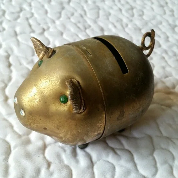 Vintage Brass Pig Shaped Piggy Coin Bank W/Jeweled Eyes Nostrils Curly Tail