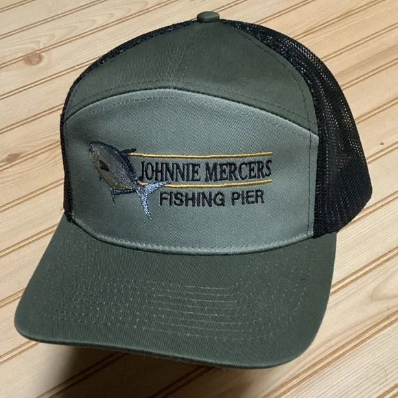 Johnnie Mercers Fishing Pier Olive Green & Black Mesh Adjustable Trucker Hat