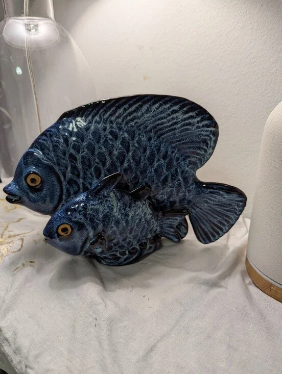 Decorative Blue Ceramic Clay Mama and Baby Fish Figurine