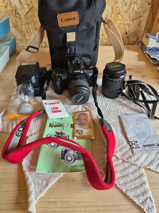 Canon EOS Rebel X 35mm Film Camera w/ 35-80mm Lens, Bag & Accessories Untested