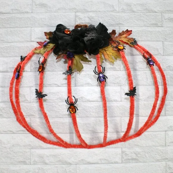 HAND CRAFTED Wreath Halloween Holiday Pumpkin Spiders Bats Orange Door Wall Art