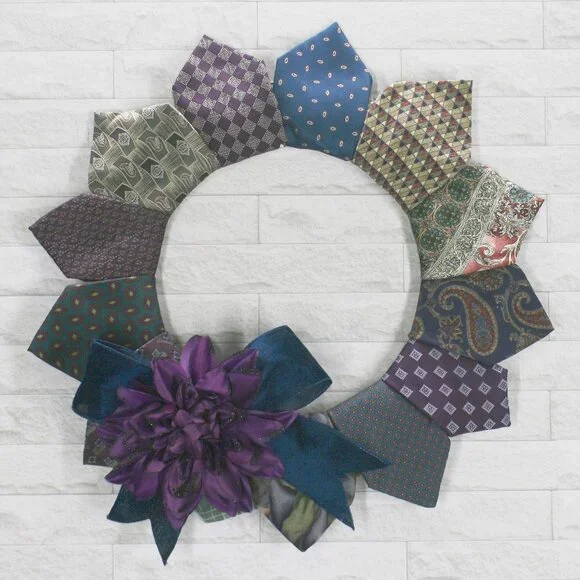 HAND CRAFTED Wreath Christmas Upcycled Necktie Teal Purple Decor Holiday Season