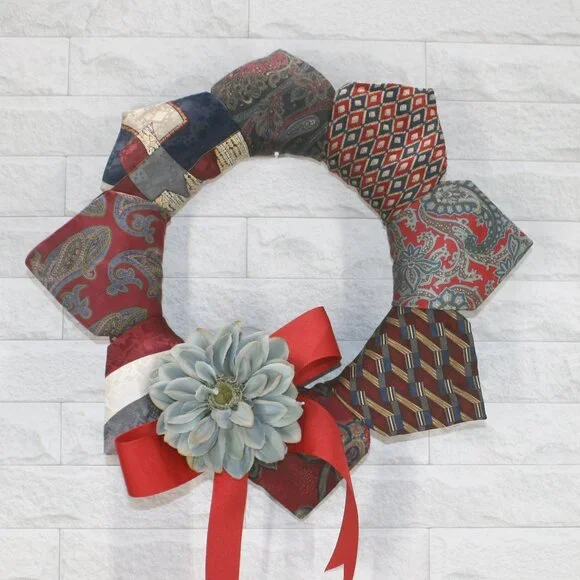 HAND CRAFTED Wreath Upcycled Necktie Christmas Holiday Red Floral Decor