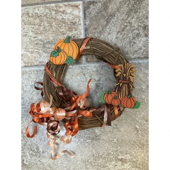 Fall‎ Harvest Pumpkin Wreath Autumn Decor Twig Grapevine with Ribbons