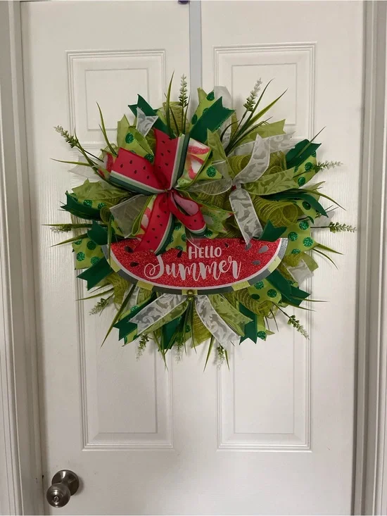 Hello Summer Watermelon Wreath - Green & Red Holiday Door Decor