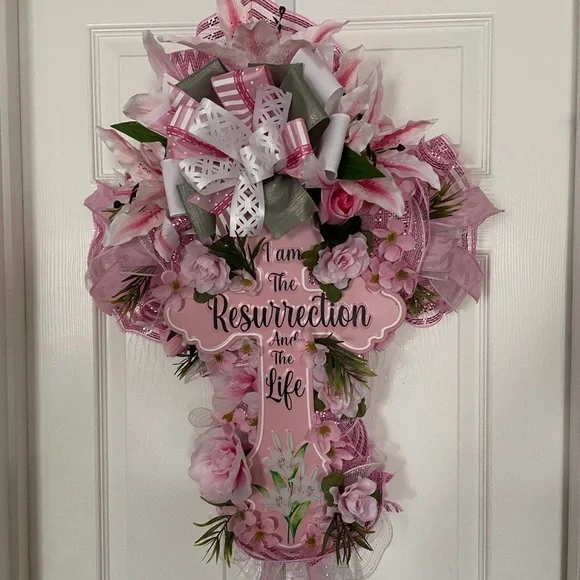 Pink Floral Easter/Resurrection Cross Wreath