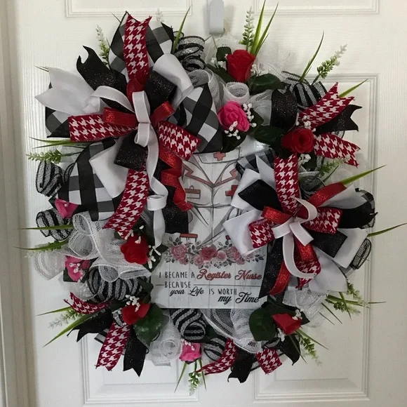 Festive Red and Black Register Nurse Wreath
