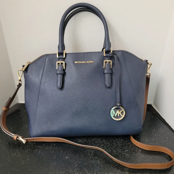 Michael Kors Navy Blue Ciara Satchel Bag With Brown Crossbody Strap