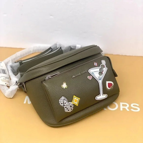 Michael Kors Olive Green Funny Pack Belt Crossbody Bag with Fun Patches