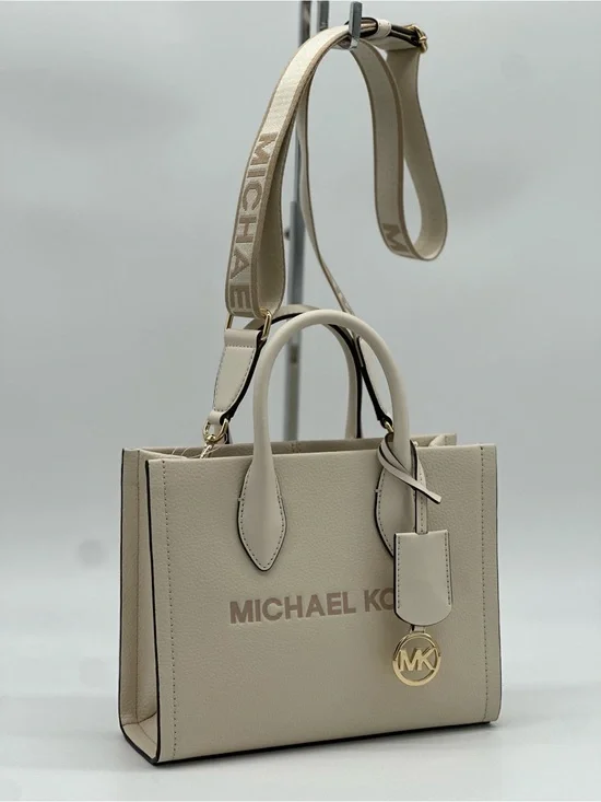 Michael Kors Cream Pebbled Leather Satchel with Logo Strap