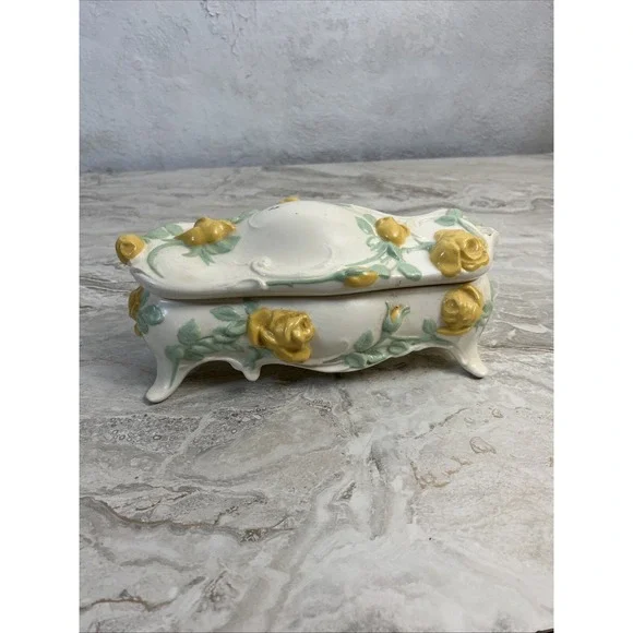 Antique Victorian Porcelain Yellow Rose Jewelry/Trinket Storage Box