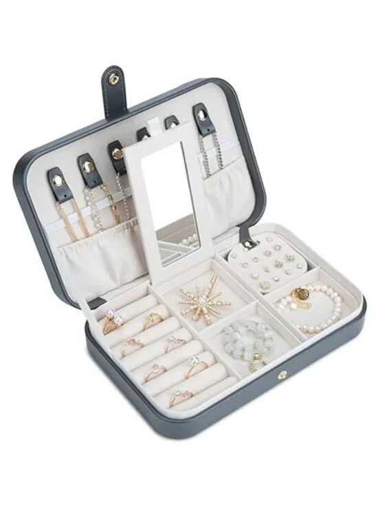 Travel Jewelry Box Organizer Women 2 Tier Portable Earring Ring Necklace Grey