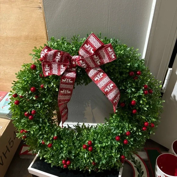 Green Wreath with Red Bow and Berries SET of TWO