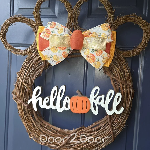Hello Fall Paw Wreath with Bow and Pumpkin Accents