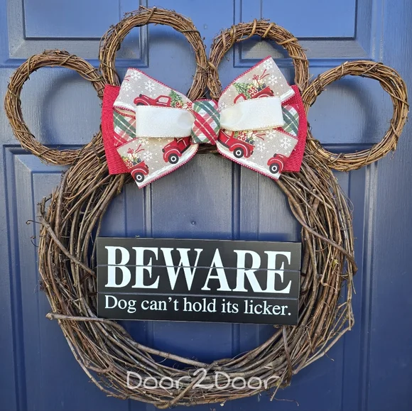Beware Welcome Holiday Red Truck Paw Wreath 🐾