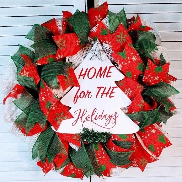 Hand Crafted Burlap Ribbon Wood Sign Home For The Holidays Christmas Wreath 22