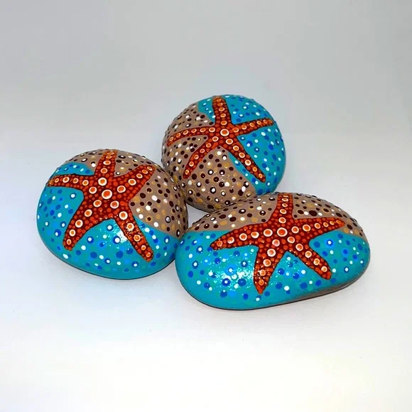 Mandala Art Stones, Trio of Starfish on the Beach
