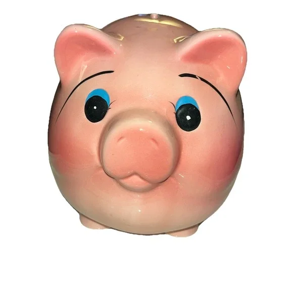 Vintage Mid Century Ceramic Fat Belly Pink Piggy Bank Large Blue Eyes. No Plug.