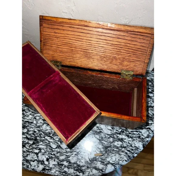 Vintage Wood Jewelry Box Brown Velvet Lining Removable Tray Storage Case